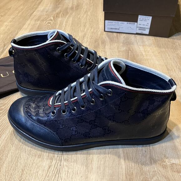 Gucci Imprime GUCCISIMA Leather Navy Blue High Top sneakers Men Size 7.5 Women 9 - Picture 1 of 11